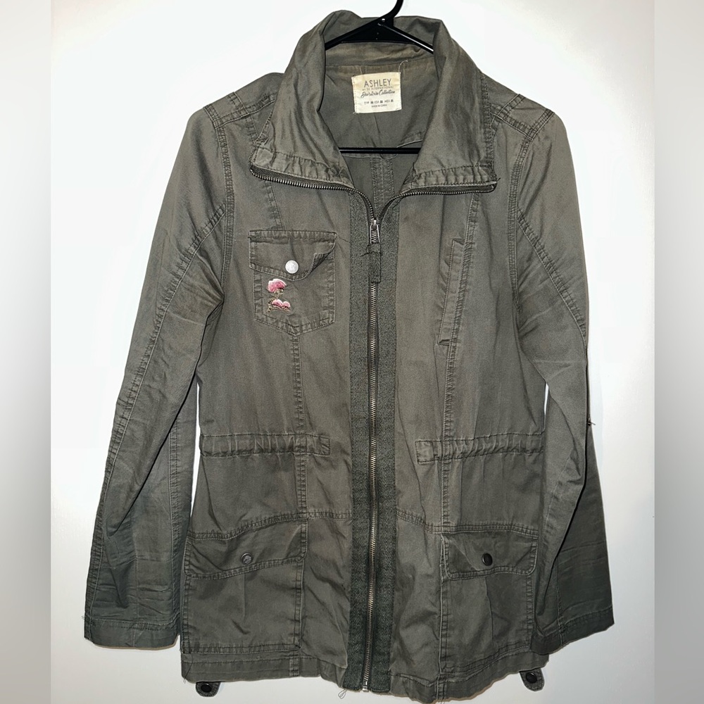 Ashley by 26 International Green Cargo Jacket Floral/Butterfly Stitching Size M